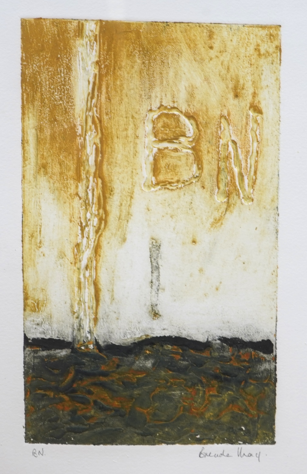 Brenda May (Modern British), a collection of four works to include an abstract charcoal, ‘End of the Story’ and three pencil signed collagraph prints, one titled ‘Pavement Picture’, three framed, largest 49 x 35cm